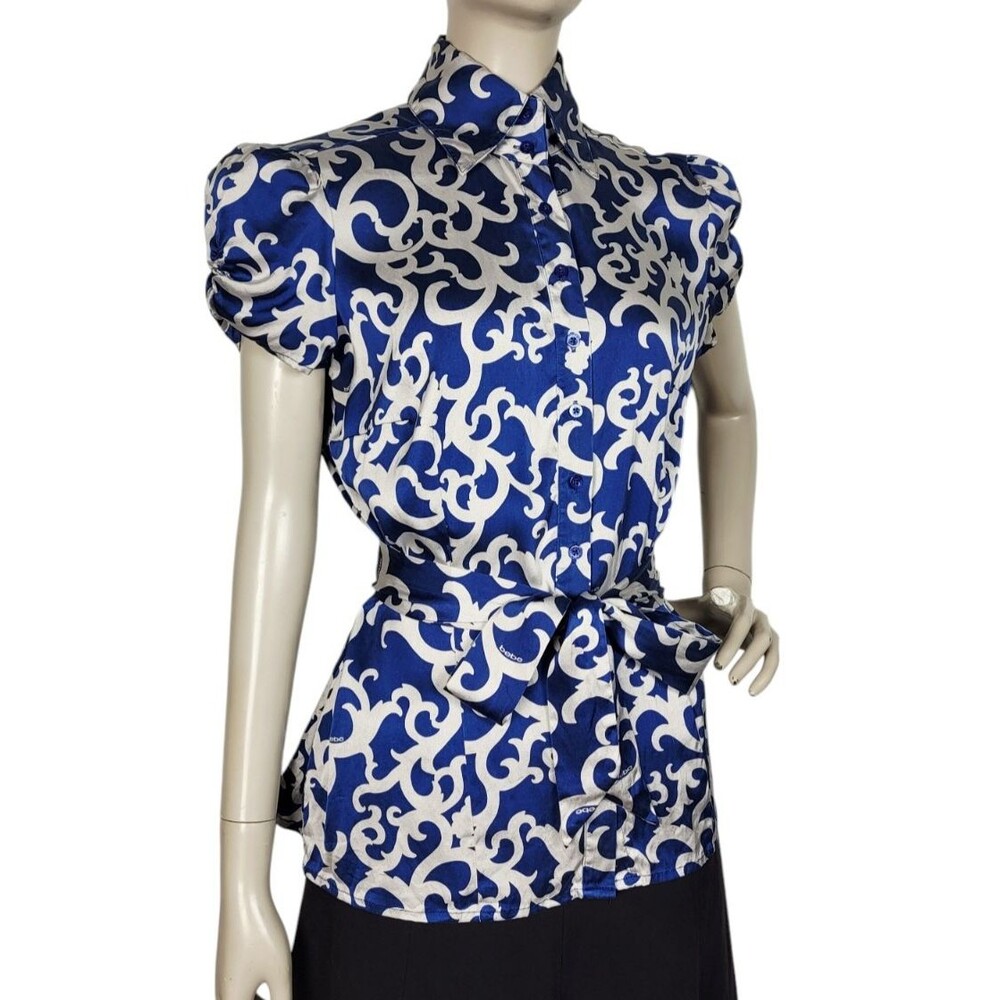 Vintage Y2k Bebe Silk Cobalt Grey Puff Sleeve Scroll Logo AOP Belted Blouse M/L